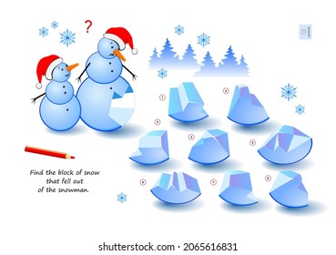 Logic game for smartest. Find the block of snow that fell out of the snowman. 3D puzzle. Brainteaser book. Play online. Developing spatial thinking. Printable page for brain teaser book. IQ test.