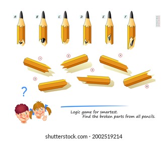 Logic game for smartest. Find the broken parts from all pencils. Printable page for brain teaser book. 3D puzzle. IQ test. Play online. Developing spatial thinking. Brainteaser. Flat vector.