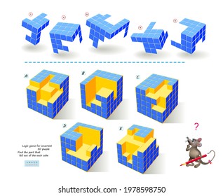 Logic Game For Smartest. Find The Part That Fell Out Of The Each Cube. Printable Page For Brain Teaser Book. 3D Puzzle. Brain Teaser Book. IQ Test. Play Online. Developing Spatial Thinking Skills.