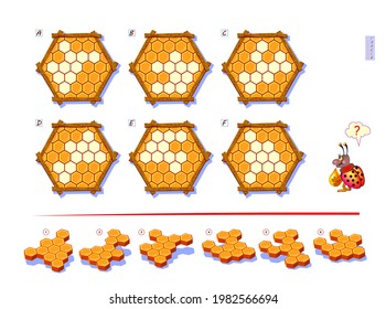 Logic Game For Smartest. Find The Part That Fell Out Of Each Honeycomb. Printable Page For Brain Teaser Book. 3D Puzzle. Brain Teaser Book. IQ Test. Play Online. Developing Spatial Thinking Skills.