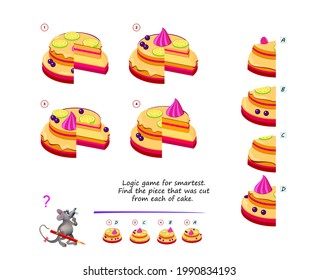 Logic game for smartest. Find the piece that was cut from each of cake. Printable page for brain teaser book. 3D puzzle. IQ test. Play online. Developing spatial thinking. Brainteaser. Flat vector.