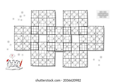 Logic game for smartest. Giant Sudoku. Big size puzzle with 7 squares, difficult level. Printable page for kids brain teaser book. Developing counting skills. Play online. Black and white vector.