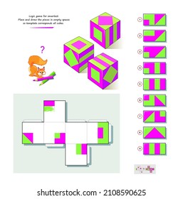 Logic game for smartest. Place and draw pieces in empty spaces so template corresponds all cubes. 3D puzzle. Play online. Developing spatial thinking. Page for brain teaser. IQ test. Coloring book