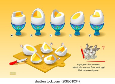 Logic game for smartest. Which slice was cut from each egg? Find the correct place. 3D puzzle. Play online. Developing spatial thinking skills. Printable page for brain teaser book. IQ test.