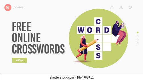 Logic Game Spare Time Recreation, Brain Training, Puzzle Solving Landing Page Template. Tiny Female Characters with Pencil Solve Huge Crossword. People Thinking on Riddle. Cartoon Vector Illustration