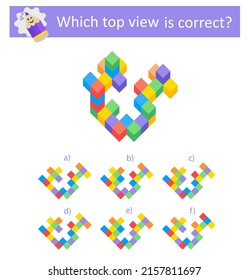 Logic game. Which top vıew is correct? IQ training test. Printable worksheet. Vector illustration. Answer is C. 