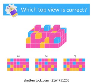 Logic game. Which top vıew is correct? IQ training test. Visual intellect. Vector illustration. Answer is C. 