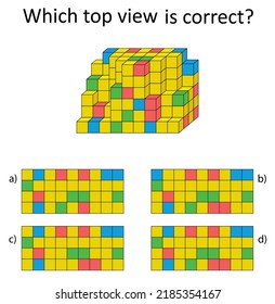 Logic game. Which top vıew is correct? IQ training test. Visual intellect. Vector illustration. Answer is D.