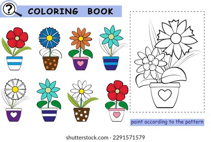 Logic games, coloring book for children with colorful samples. Flowers in pots. Vector illustration