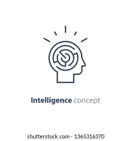 Logic games concept, creative thinking, head maze line icon, mind labyrinth, mental work, strategic thinking, psychology vector logo