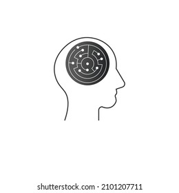 Logik-Spiele-Konzept, kreatives Denken, Kopf-Labyrinth-Linie Symbol, Geist-Labyrinth, geistige Arbeit, strategisches Denken, psychologische Vektorlogo.