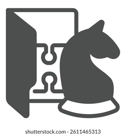 Logic games folder solid icon, neural dataset concept. Vector graphics. Folder with chess and puzzle piece, gaming data sign on white background, glyph style icon for mobile or web design