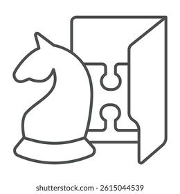 Logic games folder thin line icon, neural dataset concept. Vector graphics. Folder with chess and puzzle piece, gaming data sign on white background, outline style icon for mobile or web design