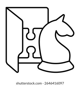 Logic games folder thin line icon, neural dataset concept. Vector graphics. Folder with chess and puzzle piece, gaming data sign on white background, style mobile or design