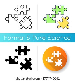 Logic icon. Formal science, analytical thinking, intellectual entertainment. Linear black and RGB color styles. Scientific discipline. Jigsaw puzzle pieces isolated vector illustrations