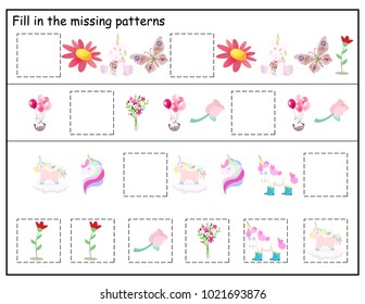 Logic Kindergarten worksheet. Kids printable game. Funny unicorns, flowers and butterfly kids game. Vector Illustration.