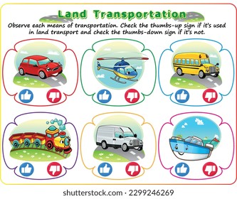 Logic land transportation worksheet  children's educational game  Choose the correct sign  activity worksheet for smart kids 