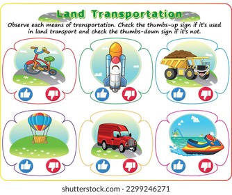 Logic land transportation worksheet  children's educational game  Choose the correct sign  activity worksheet for smart kids 