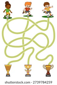 Logic maze game for children. Cartoon football player boys with balls search for the way to their trophies. Educational puzzle for kids project and sports worksheets.