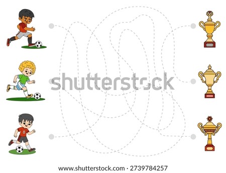 Logic maze game for children. Cartoon football player boys with balls search for the way to their trophies. Educational puzzle for kids project and sports worksheets.
