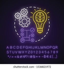 Logic neon light concept icon. Thinking process idea. Rational solutions, ideas. Situation analysis. Strategy, algorithm. Glowing sign with alphabet, numbers and symbols. Vector isolated illustration