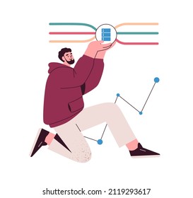 Logic and ordered structure concept. Person analyzing data. Smart man with rational analytical thinking. Theory knowledge and understanding. Flat vector illustration isolated on white background