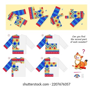 Logic puzzle for children and adults. Can you find the second part of each sweater? Educational game. Page for kids brain teaser book. Developing spatial thinking skills. Play online. Cartoon vector.