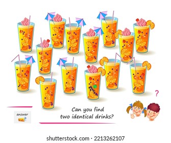 Logic puzzle for children and adults. Can you find two identical drinks? Page for kids brain teaser book. Task for attentiveness.  IQ test. Play online. Vector cartoon illustration.