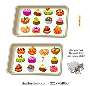 Logic puzzle for children and adults. Can you find the cake that the mouse stole? Educational game. Page for kids brain teaser book. Task for attentiveness. IQ test. Play online. Cartoon vector.