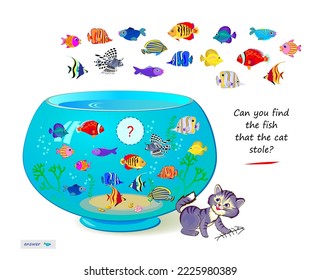 Rompecabezas lógico para niños y adultos. ¿Puedes encontrar el pescado que robó el gato? Juego educativo. Página para niños libro teaser de cerebro. Tarea de atención. Prueba de CI. Juega en línea. Vector de dibujos animados.