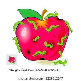 Logic puzzle for children and adults. Can you find two identical worms? Page for kids brain teaser book. Task for attentiveness.  IQ test. Play online. Vector cartoon illustration.