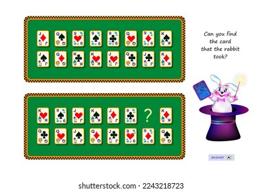 Logic puzzle for children and adults. Can you find the card that the rabbit took? Educational game. Page for kids brain teaser book. Task for attention. IQ test. Play online. Cartoon vector.