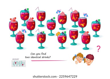 Logic puzzle for children and adults. Can you find two identical drinks? Page for kids brain teaser book. Task for attentiveness.  IQ test. Play online. Vector cartoon illustration.