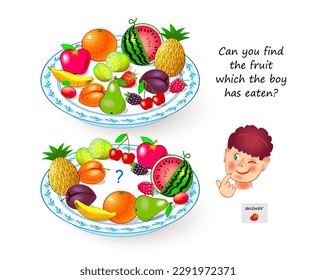 Logic puzzle for children and adults. Can you find the fruit which the boy has eaten? Educational game. Page for kids brain teaser book. Task for attentiveness. IQ test. Play online. Cartoon vector.