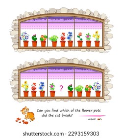 Logic puzzle for children and adults. Can you find which of the flower pots did the cat break? Educational game. Page for kids brain teaser book. Task for attentiveness. Play online. Cartoon vector.