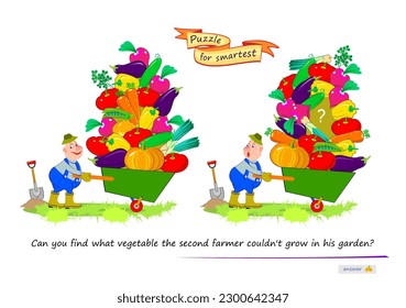 Logic puzzle for children and adults. Can you find what vegetable the second farmer could not grow in his garden? Educational game. Page for kids brain teaser book. Play online. Cartoon vector.