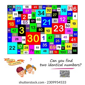 Logic puzzle for children and adults. Can you find two identical numbers? Page for kids brain teaser book. Task for attentiveness.  IQ test. Play online. Vector cartoon illustration.