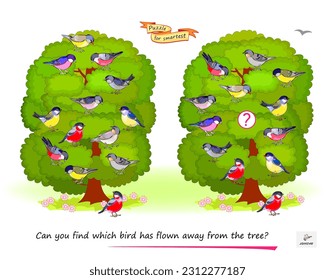 Logic puzzle for children and adults. Can you find which bird has flown away from the tree? Educational game. Page for kids brain teaser book. Task for attentiveness. Play online. Cartoon vector.