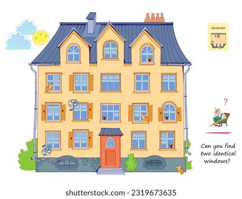 Logic puzzle for children and adults. Can you find two identical windows? Page for kids brain teaser book. Task for attentiveness.  IQ test. Play online. Vector cartoon illustration.