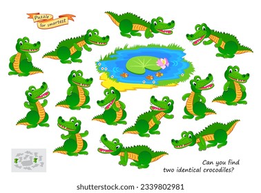 Logic puzzle for children and adults. Can you find two identical crocodiles? Page for kids brain teaser book. Task for attentiveness.  IQ test. Play online. Vector cartoon illustration.