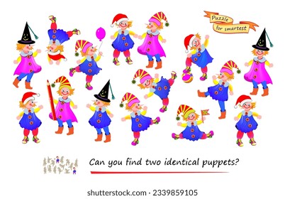 Logic puzzle for children and adults. Can you find two identical puppets? Page for kids brain teaser book. Task for attentiveness.  IQ test. Play online. Vector cartoon illustration.