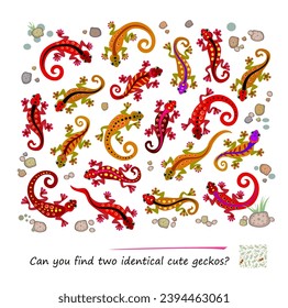 Logic puzzle for children and adults. Can you find two identical cute geckos? Page for kids brain teaser book. Task for attentiveness.  IQ test. Play online. Vector cartoon illustration.