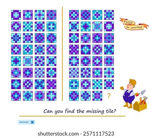 Logic puzzle for children and adults. Can you find the missing tile? Educational game. Page for kids brain teaser book. Task for attentiveness. Play online. Activity sheet. Flat vector illustration.