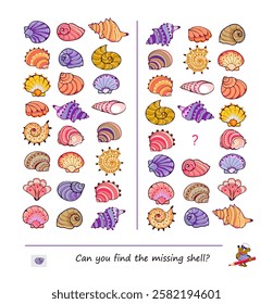 Logic puzzle for children and adults. Can you find the missing shell? Educational game. Page for kids brain teaser book. Task for attentiveness. Play online. Activity sheet. Flat vector illustration.