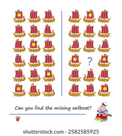 Logic puzzle for children and adults. Can you find the missing sailboat? Educational game. Page for kids brain teaser book. Task for attentiveness. Play online. Activity sheet. Flat vector image. 