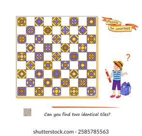 Logic puzzle for children and adults. Can you find two identical tiles? Game Seek and Find. Page for kids brain teaser book. Task for attentiveness. IQ test. Play online. Flat vector illustration.