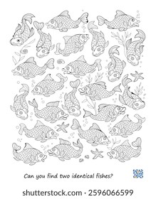 Logic puzzle for children and adults. Can you find two identical fishes? Game Seek and Find. Page for kids brain teaser book. Task for attentiveness. IQ test. Play online. Hand drawn vector image.