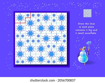 Logic puzzle for children and adults. Draw the lines so each piece contains 1 big and 1 small snowflake. Educational game. Page for kids brain teaser book. Developing spatial thinking. Play online.