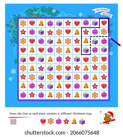 Logic Puzzle For Children And Adults. Draw The Lines So Each Piece Contains 6 Different Christmas Toys. Educational Game. Page For Kids Brain Teaser Book. Developing Counting Skills. Play Online.