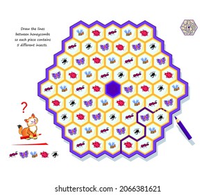 Logic puzzle for children and adults. Draw the lines between honeycombs so each piece contains 5 different insects. Educational game. Kids brain teaser book. Developing counting skills. Play online.